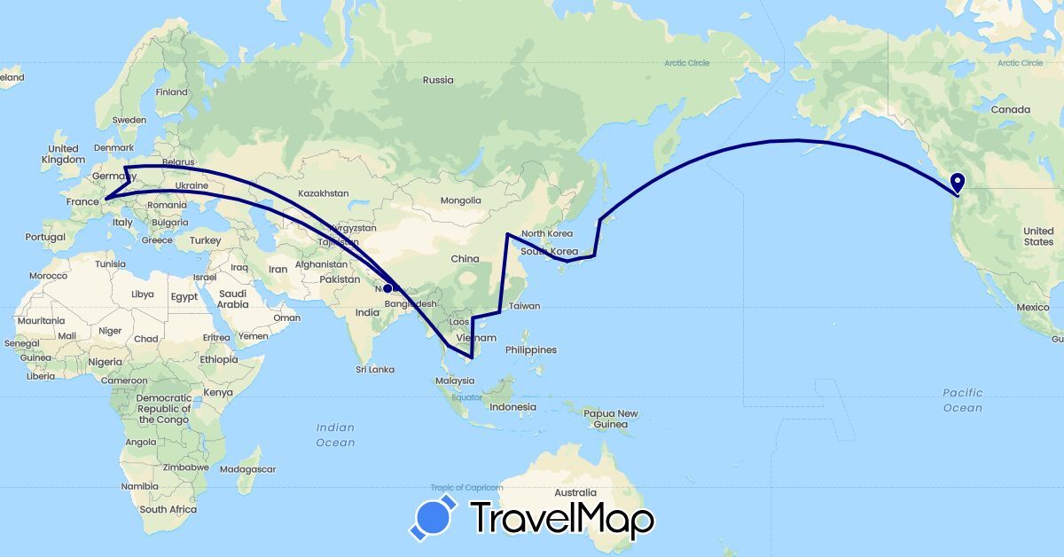 TravelMap itinerary: driving in Austria, Switzerland, China, Czech Republic, Germany, Japan, Cambodia, South Korea, Nepal, Thailand, United States, Vietnam (Asia, Europe, North America)